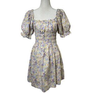 Levis Womens L Floral Smocked Mini Dress With Puff Sleeves & Pockets Coquette